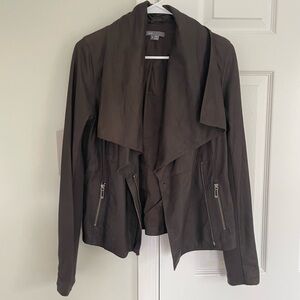 Vince Draped Brown Moto Leather Jacket Rib Knit Wool Details Size M Zipper